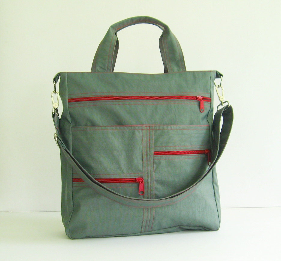 Sale - Grey Water-Resistant Nylon Bag, tote, shoulder bag, messenger, school bag - Melissa