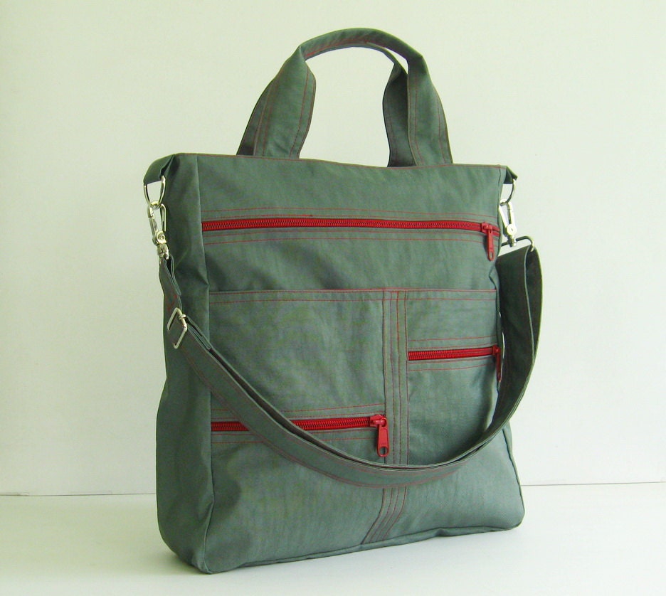 Sale - Grey Water-Resistant Nylon Bag, tote, shoulder bag, messenger, school bag - Melissa