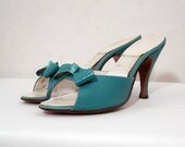50s Shoes Vintage Springolator Turqoise Leather Bow Mules Sandals Heels 6.5