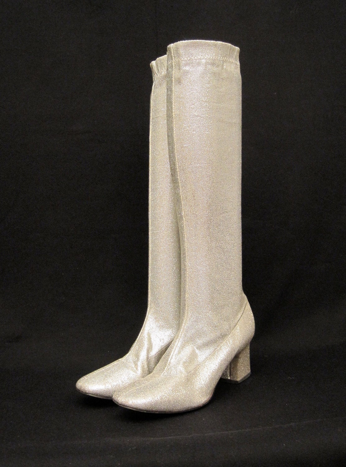 60s Boots Vintage Go-go Silver Sparkly Knee High Stretch Space Boots 7