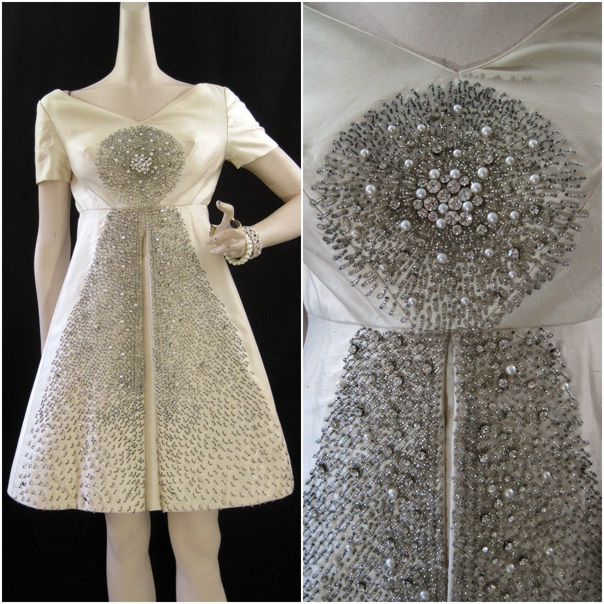 60s Dress Vintage MOD Ivory Silk Beaded Rhinestone Mini Cocktail Party Dress S M