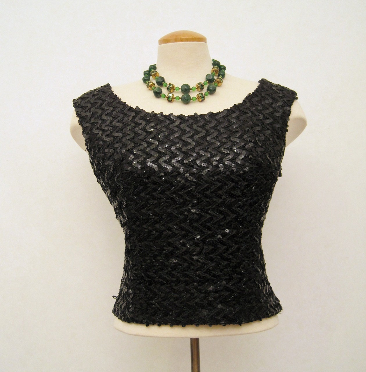 60s Top Vintage Black Sequined Sleeveless Evening Top M L