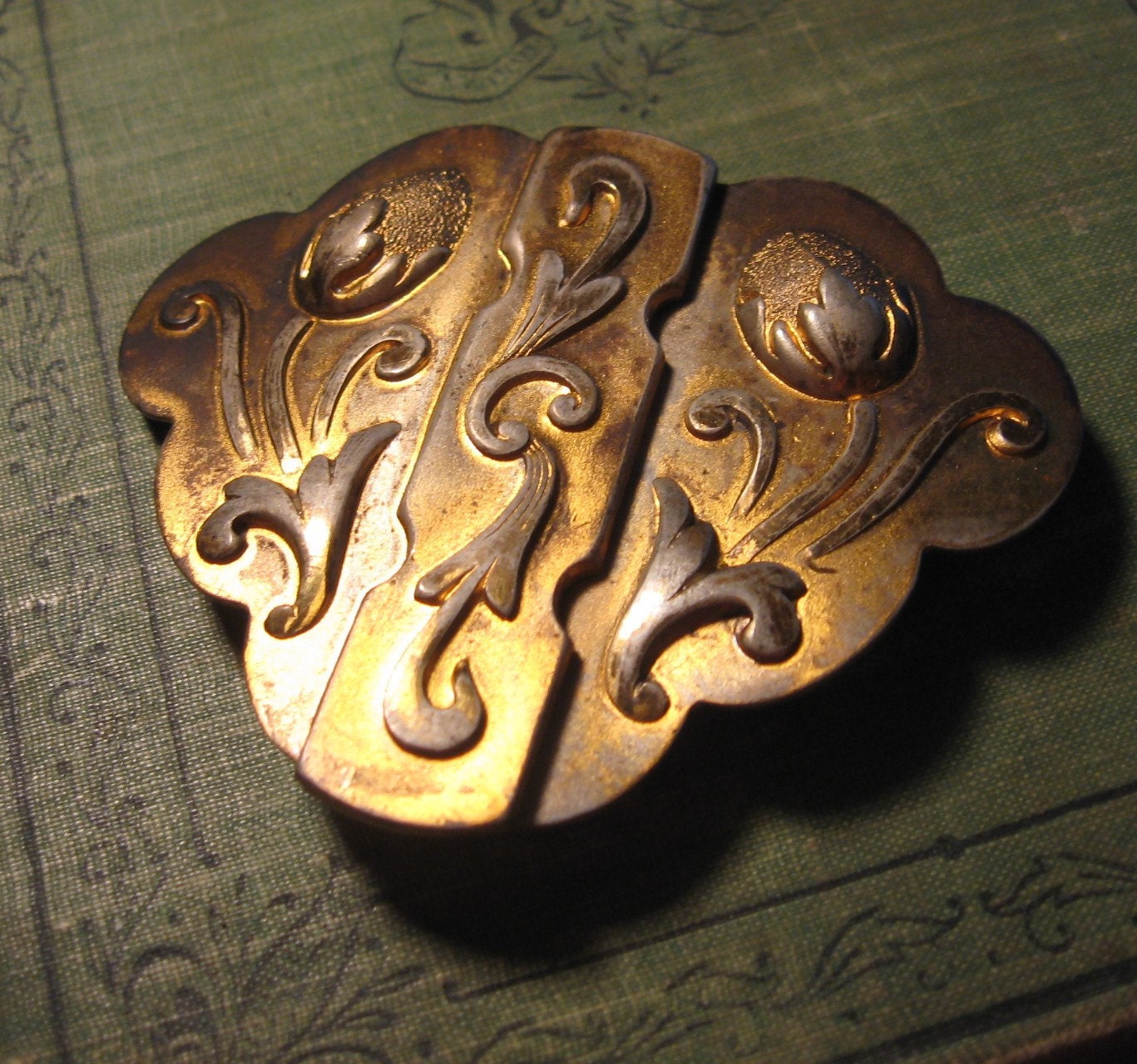art nouveau two piece belt buckle flower lily brass