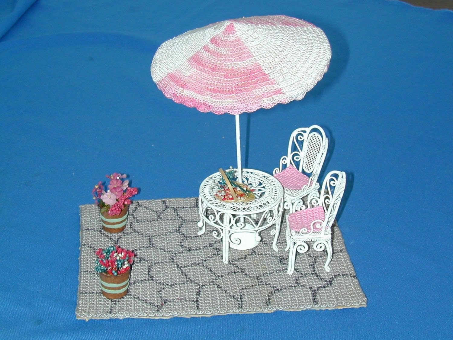 Doll House Miniature Patio Set inc. Patio, Table, Chairs, Umbrella & Flowers Dollhouse