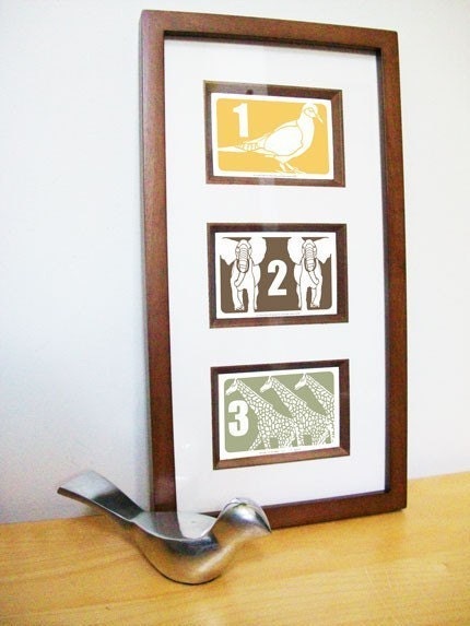 Numbers Print One, Two, Three (Set of Three 4 X 6), Gray/Yellow/Pink/Brown