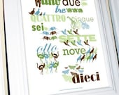 Modern Italian Numbers Print 8 X 10 with Animal Silhouette Shapes, Dark Green/Light Green/Blue/Brown