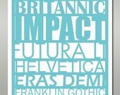 Typeface Poster 20 X 30 - Arial, Britannic, Impact, Futura, Helvetica, Eras Demi, Franklin Gothic, Rockwell