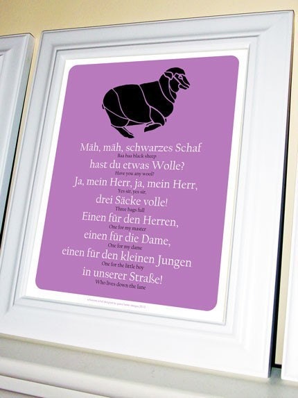 German-English Nursery Rhyme Poster Print Baa Baa Black Sheep (Mah, mah, schwarzes Schaf) 11 X 14 Purple
