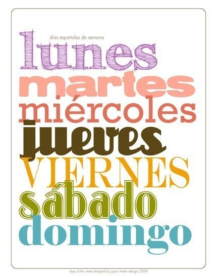 Spanish Days of the Week (Dias espanoles de semana) 11 X 14 Print