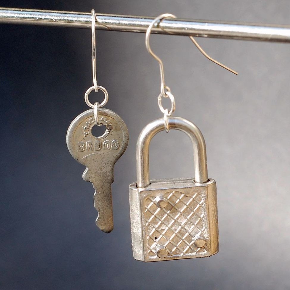 Reserved listing for weaselandfitz-Found Object Jewelry- Padlock and Key Earrings