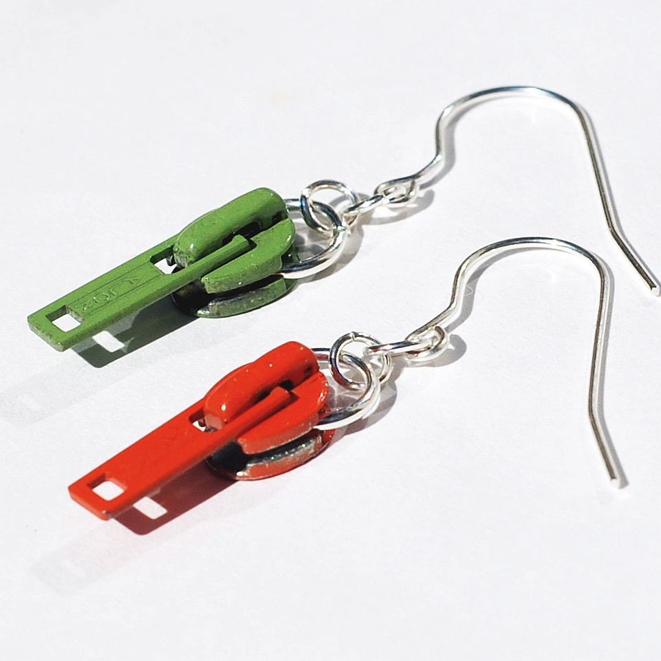 Found Object Jewelry- Upcycled Orange and Green Zipper Pull Earrings