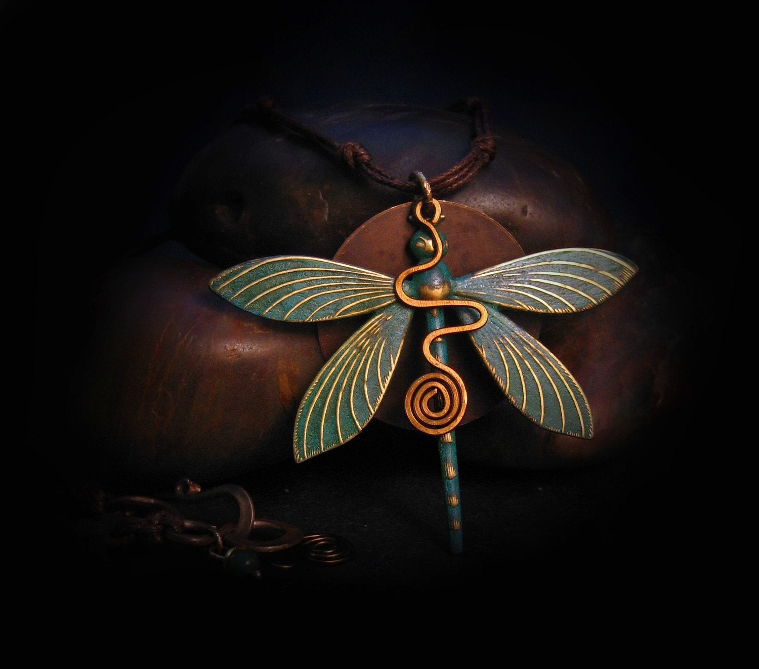 COLOSSAL DRAGONFLY necklace of antiqued brass and green patinaed dragonfly