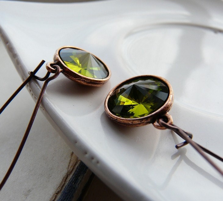 STORE CLOSING SALE- A walk with the trees - Olive green and antiqued copper Swarovski crystal earrings