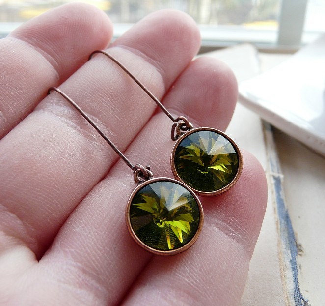 STORE CLOSING SALE- A walk with the trees - Olive green and antiqued copper Swarovski crystal earrings