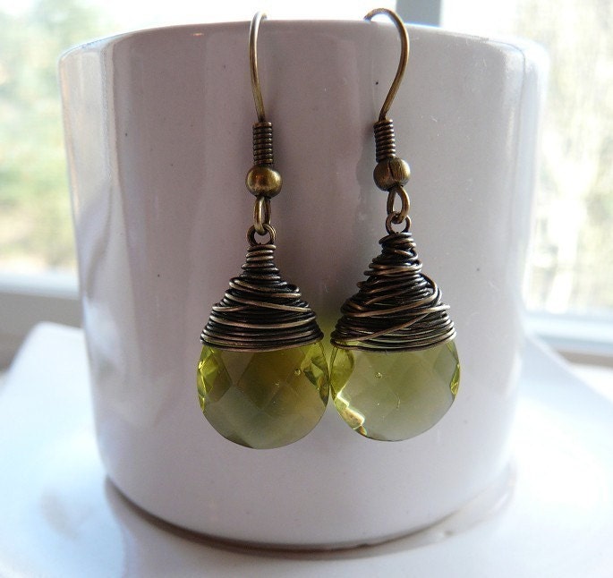 Olive juice - Antiqued brass wire wrapped light olive green glass earrings