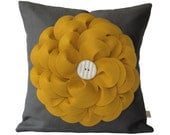 Mustard Yellow Flower PILLOW COVER Charcoal Gray Linen with Cream Ceramic Button by JillianReneDecor Decorative Home Decor Honey Gold