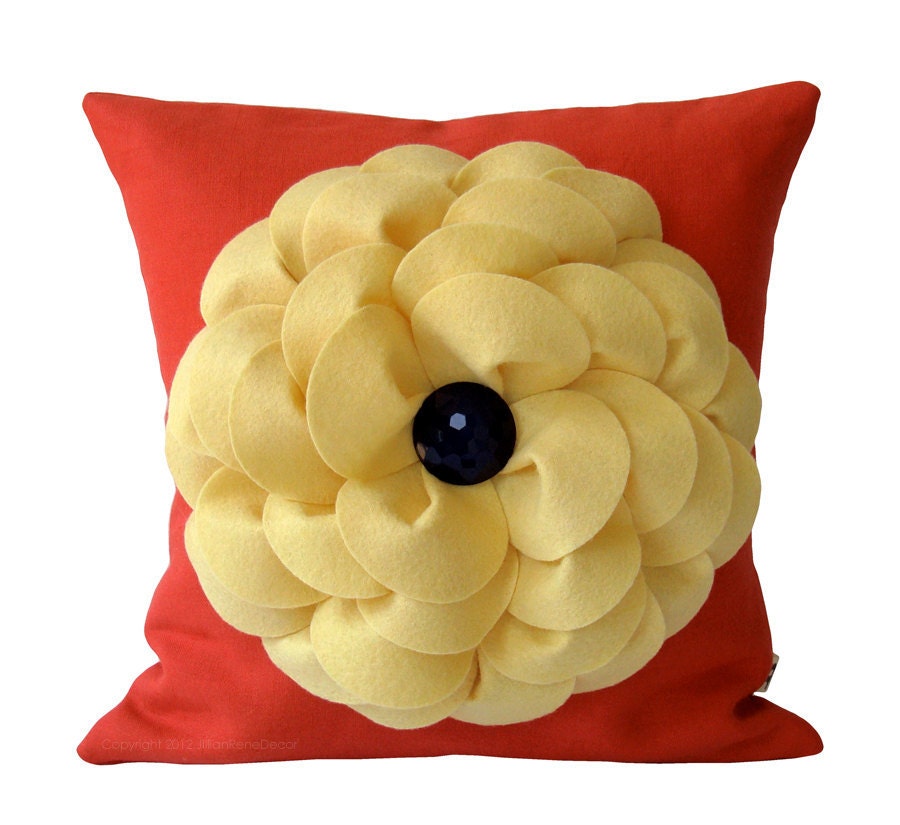 Pale Yellow Flower PILLOW COVER in Coral Linen with Navy Retro Honeycomb Dome Button by JillianReneDecor Bright Home Decor
