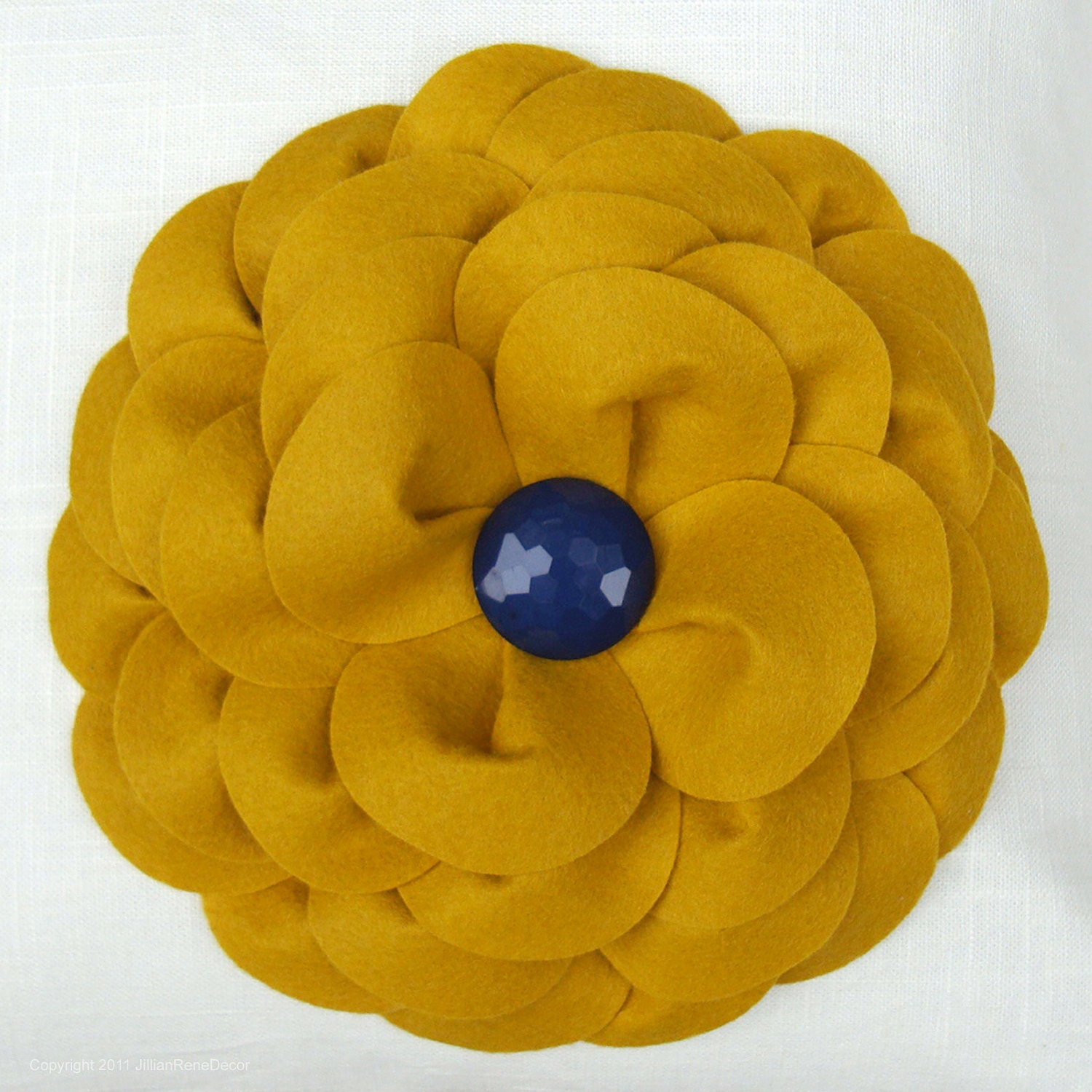 16" DECORATIVE PILLOW COVER - Mustard Yellow Felt Flower - Navy Blue Retro Honeycomb Dome Button - Cream Linen by JillianReneDecor