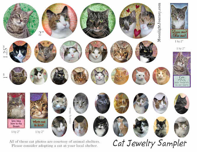 CAT JeWeLrY SaMpLeR collage sheet 1" 1.25" 1" circle 1X2 22mm x 30mm oval rescue charm domino tile pendant