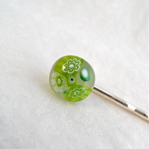 Bobby Pin Millefiori Fused Glass Accessories Handmade Minnesota Artisan Handcrafted Hair Accessory Green As Grass