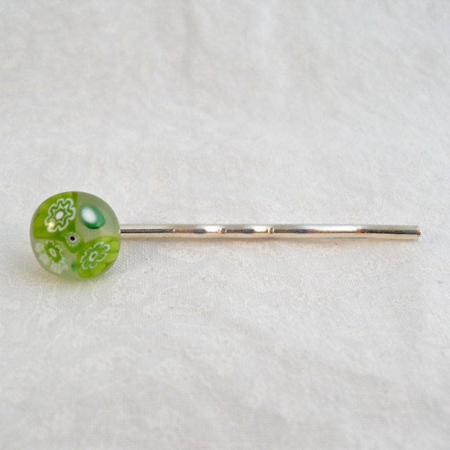 Bobby Pin Millefiori Fused Glass Accessories Handmade Minnesota Artisan Handcrafted Hair Accessory Green As Grass