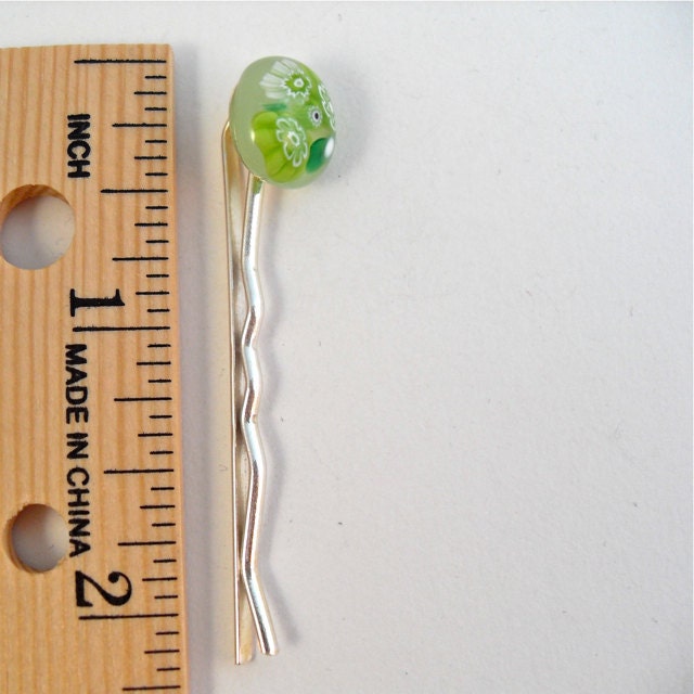 Bobby Pin Millefiori Fused Glass Accessories Handmade Minnesota Artisan Handcrafted Hair Accessory Green As Grass