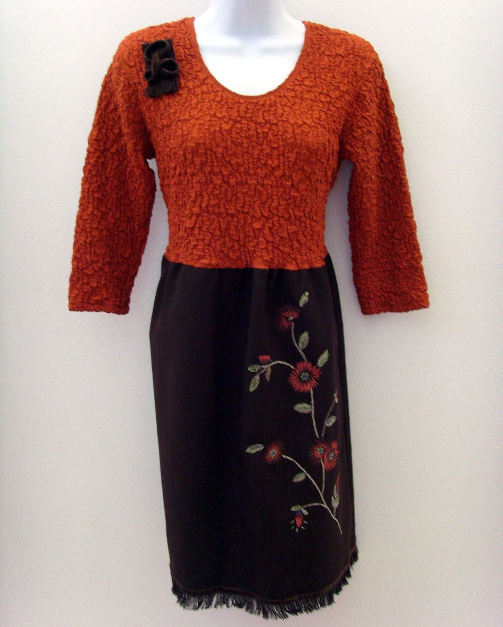 Embroidered Autumn Dress / Harvest - Pumpkin Orange - Chocolate Brown / Velvet Brooch / Unique Fall Fashion / Upcycled / OOAK