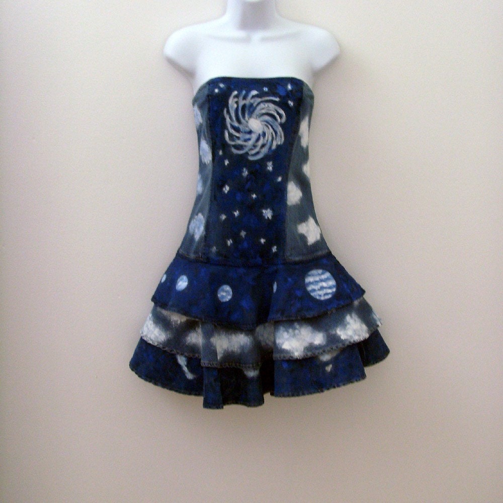 Astral Travel Denim Sundress / Cloud 9 / Hand Painted Wearable Art / Blue - White Clouds - Continents - Planets - Galaxy / OOAK Fashion