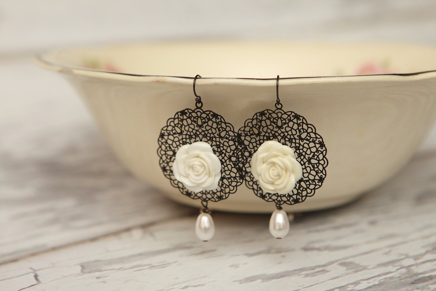 Elegant black filigree earrings with white roses and faux pearls