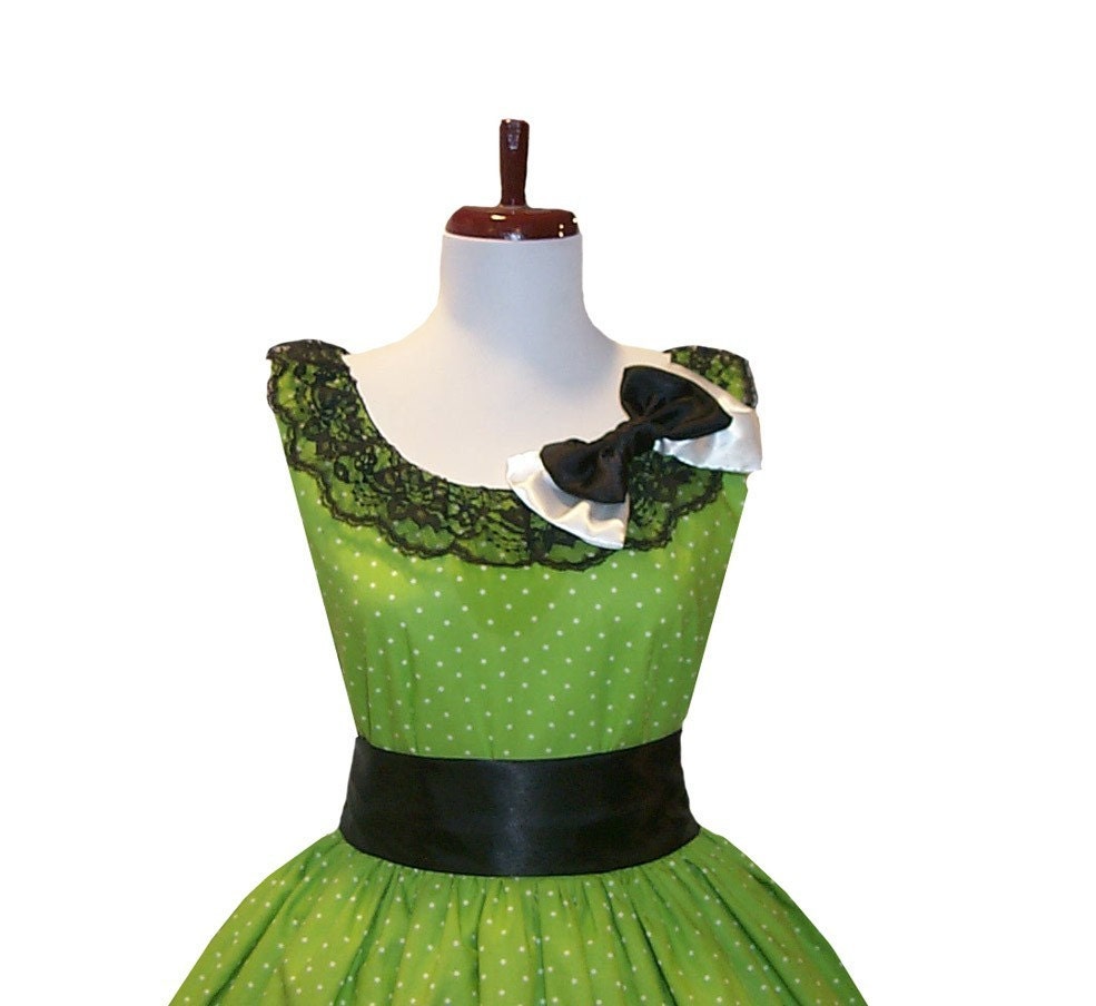 Custom in Your Size Sweet Green Polkadotted Rockabilly Dress with Underskirt