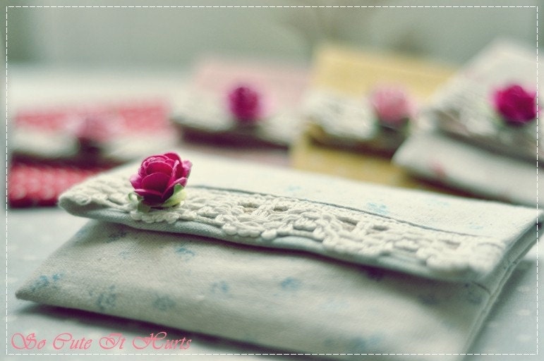 Wesley lace purse in linen shabby chic roses and gingham shades of blue - Gift for her