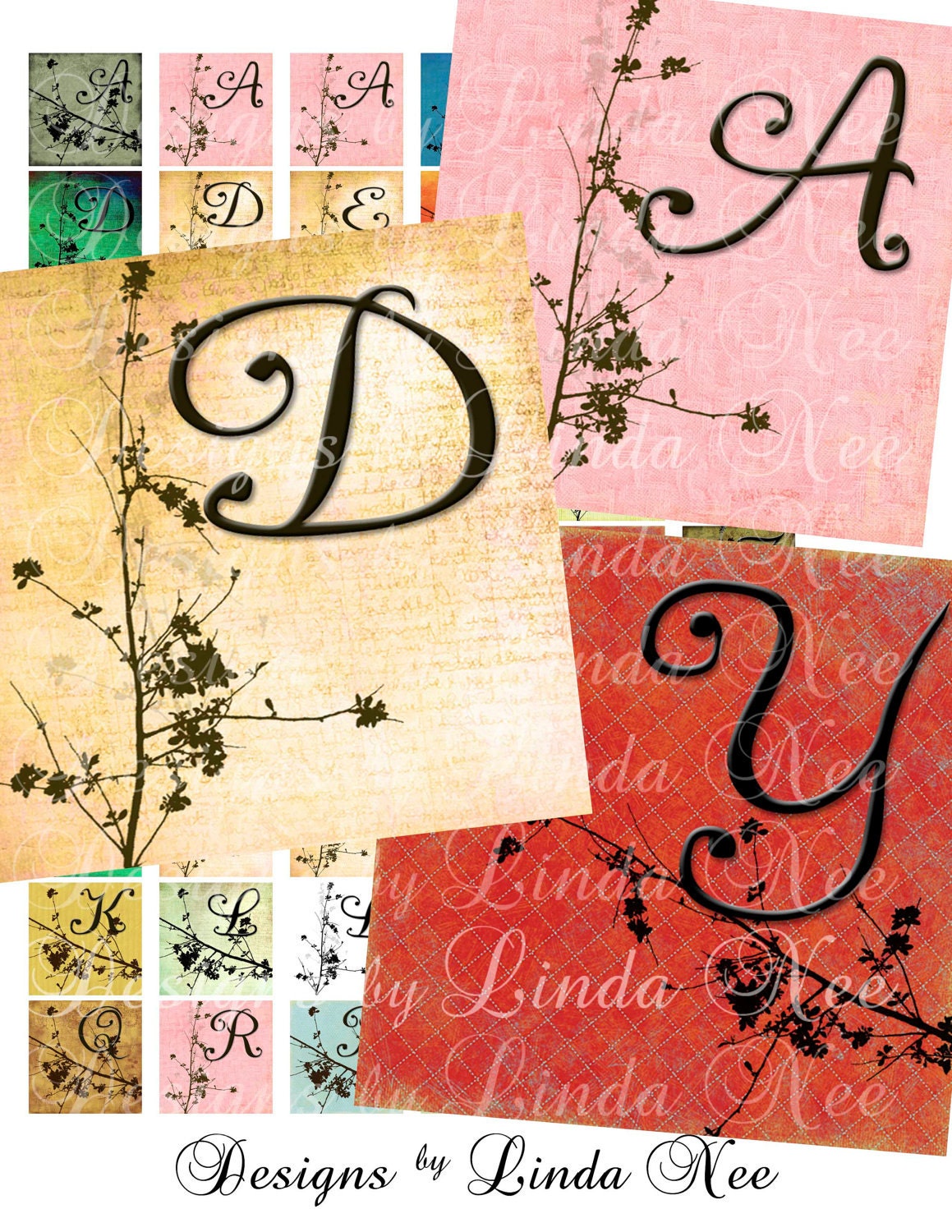 Dogwood Days and Cherry Blossoms INITIALS (1 x 1 Inch) Images Buy 2 Get 1 SALE printable stickers personalized gifts