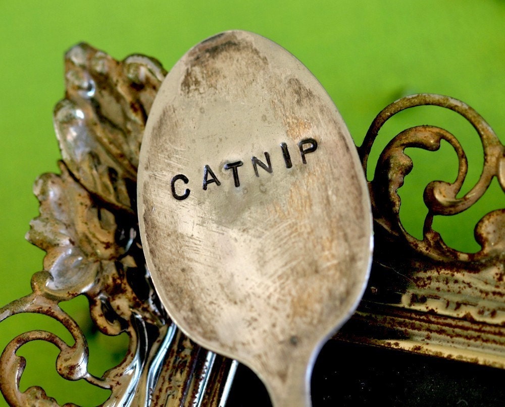 Catnip Herb Spoon Garden Marker Plate Stake Stamped Silverware