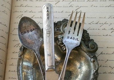 Vintage Silverware Garden Marker - Basil, Sage, Oregano - Fork, Knife, Spoon Set