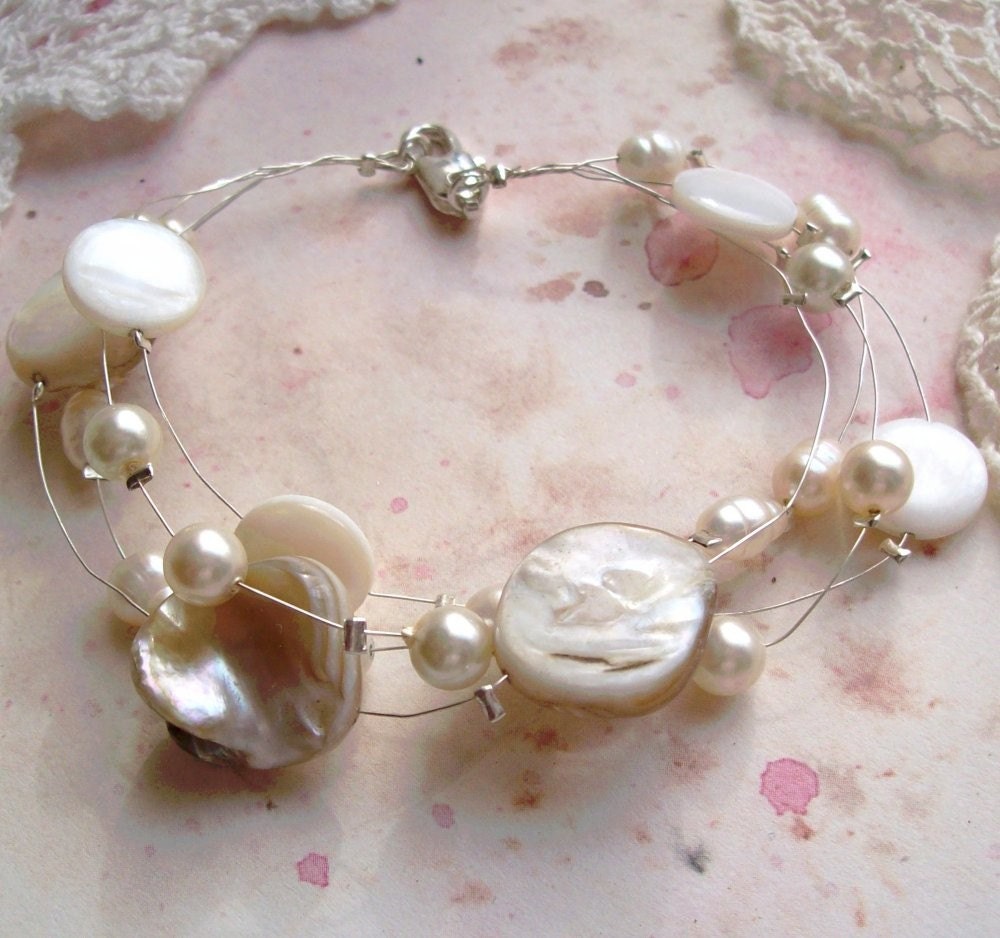 Pearl and sterling silver..wedding..bridal multi strand bracelet-Seaside treasures