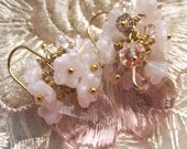 Gold earrings..pink..white..glass flower cluster..pink crystal heart