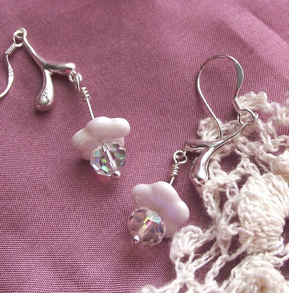 Sterling silver earrings..white flowers and crystal drops