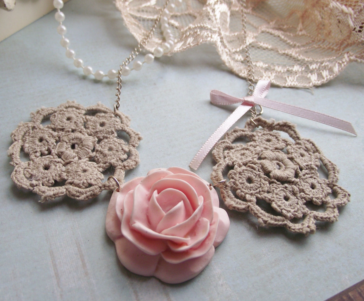 Necklace..Silver..doiley..pink..rose