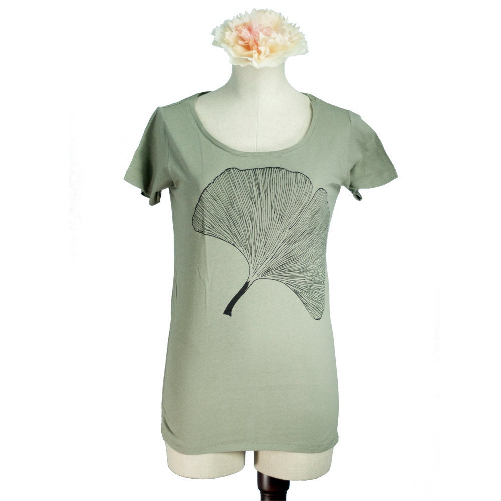Earth Moss Green Ginkgo Leaf Womens Organic Screen Printed Scoop Neck T-Shirt - Sizes S L
