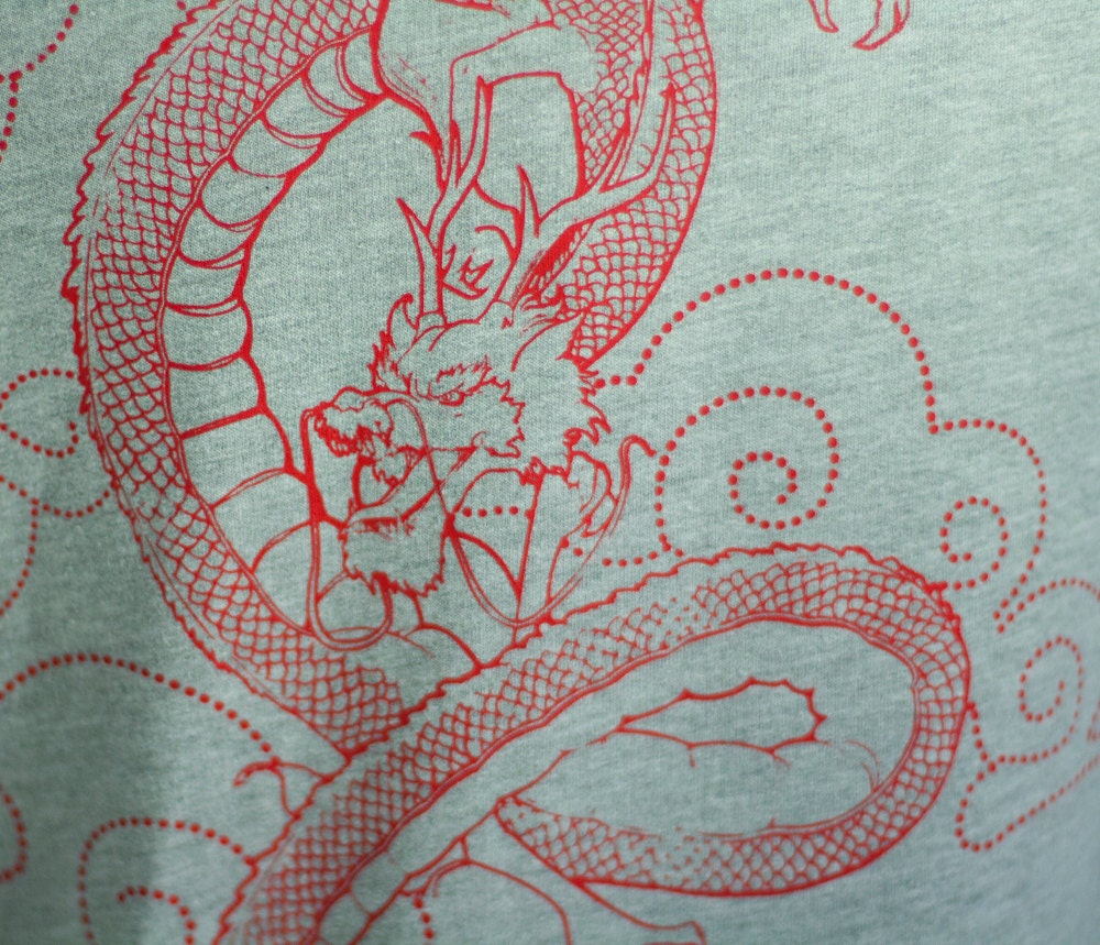 Heather Grey Japanese Dragon Screen Printed Zip Hoodie - Sizes S M L