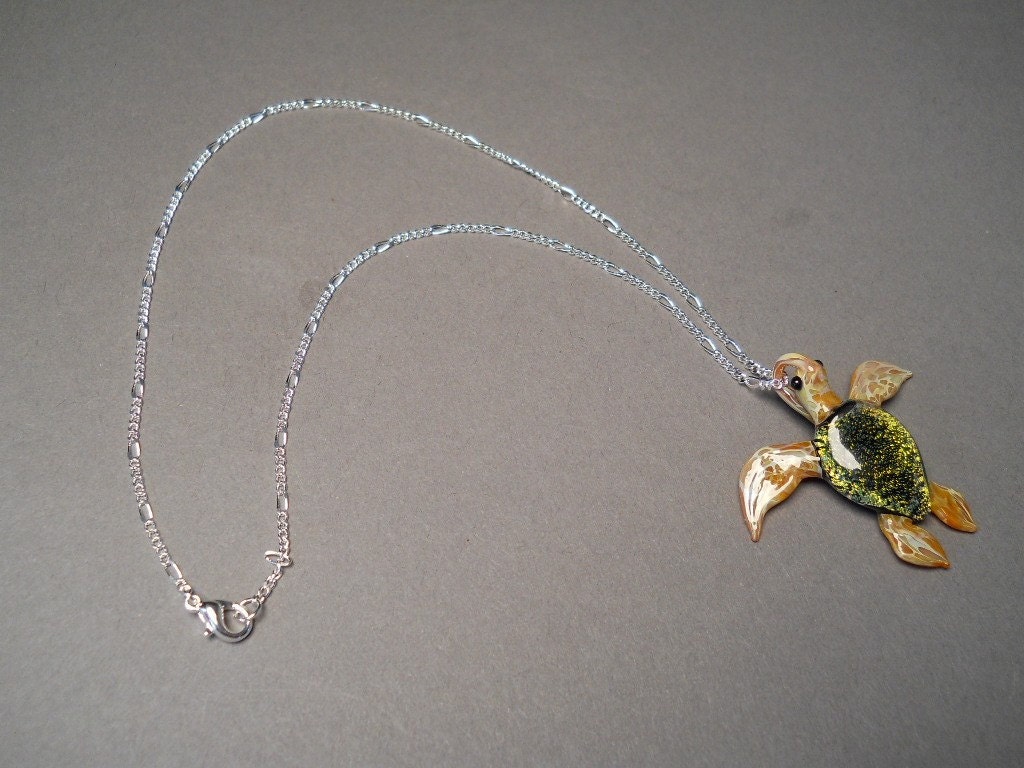 Hand-made Sea Turtle Glass Pendant, focal bead, jewelry choker necklace