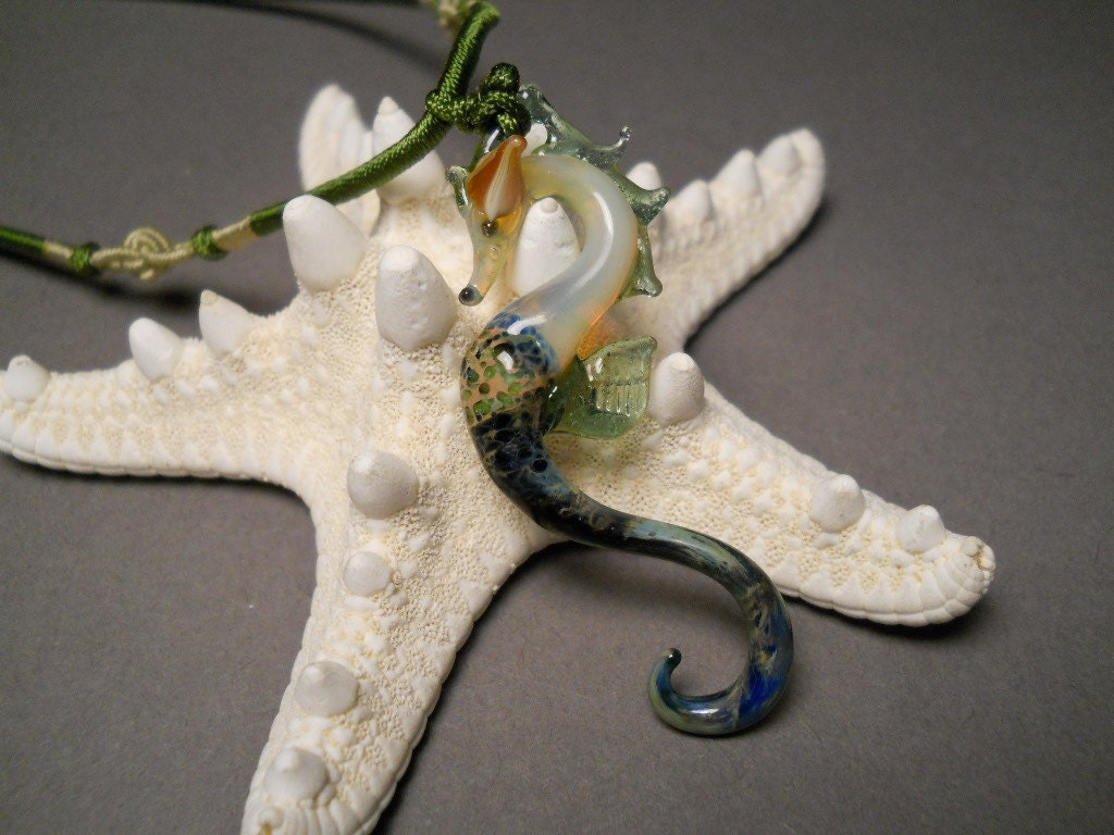 Lampwork Focal bead Glass Pendant Sea Horse Necklace mounted on a Silk Choker