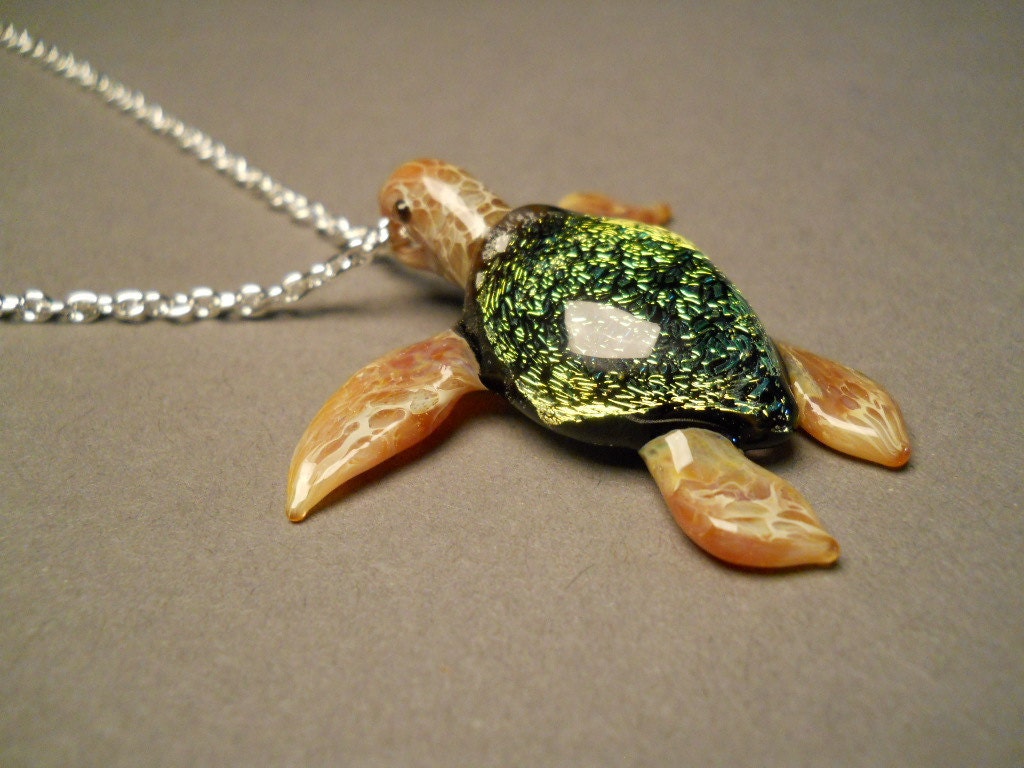 Glass Sea Turtle Pendant, on silver chain or adjustable choker