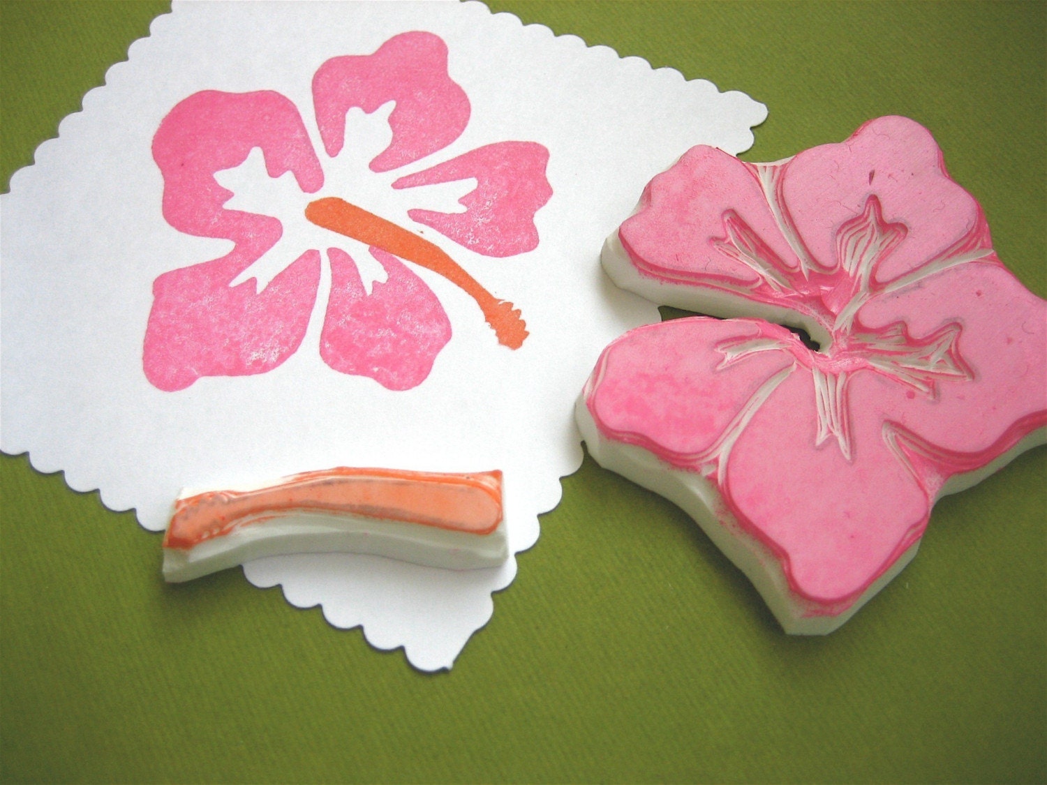 Hibiscus Flower Hand Carved Rubber Stamp, 2 part set