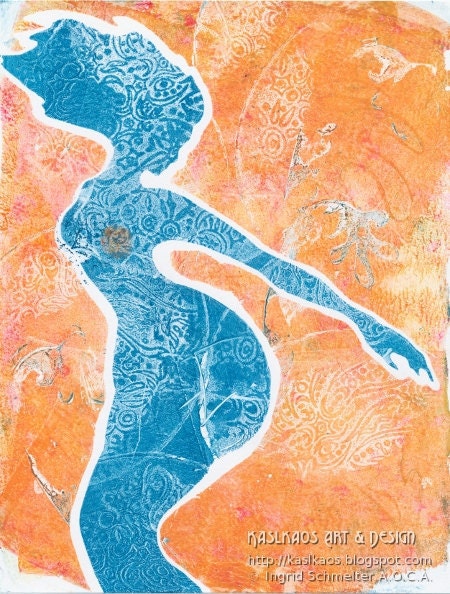 Mermaid Art Deco Abstract Fine Art Original Monoprint