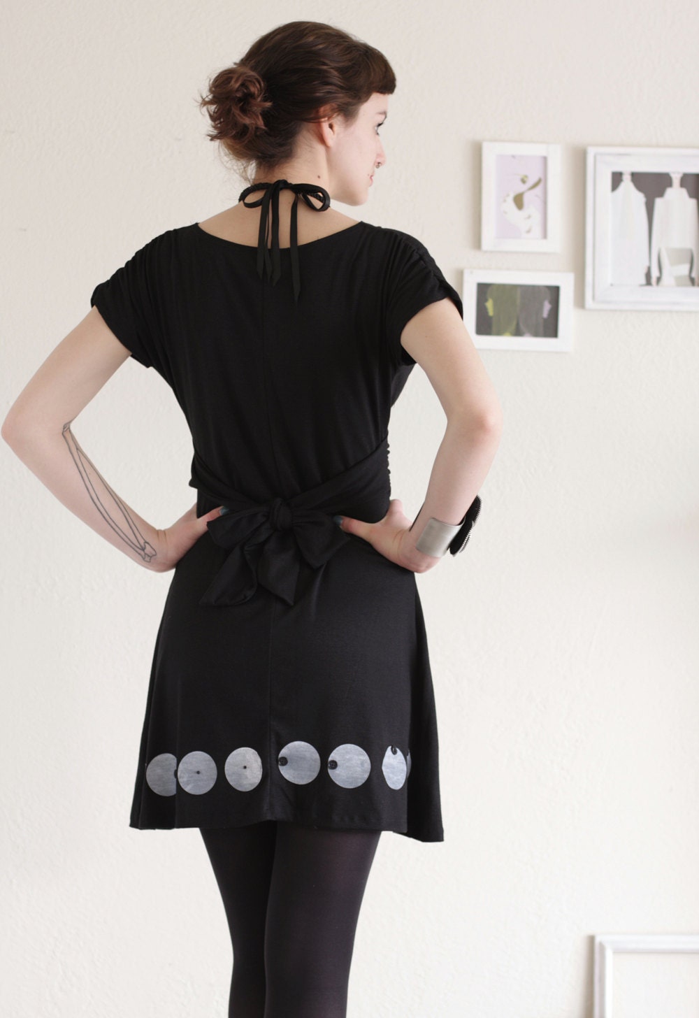 Holiday Sale - Fun Black Dress . V-neck dress . Handmade Applique Dress -Big eyes-szie Large