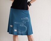 Teal Blue Jersey Knee Length Fold-over A-line Applique Skirt - The creek and the paper boats - size Medium