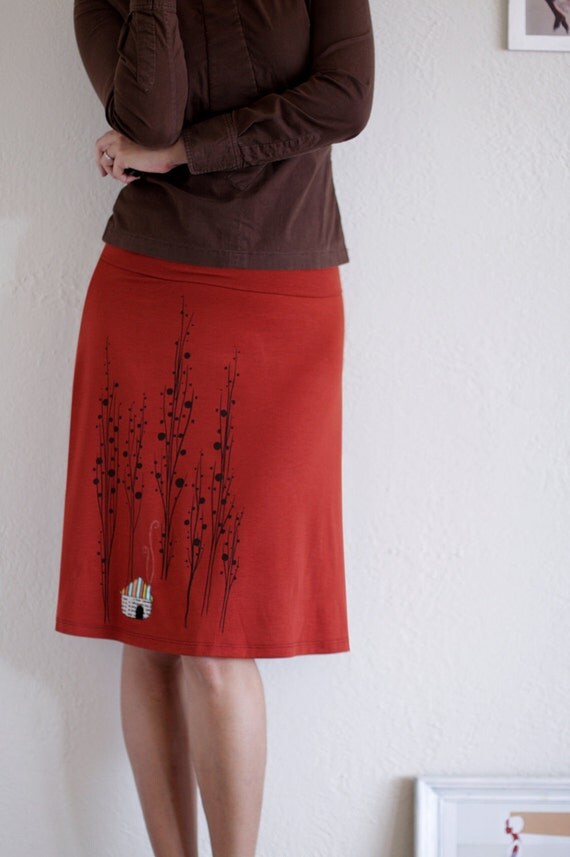 Handmade Burnt Orange A-line Appliqué Adjustable Waistband Plus Size skirt- Surrounded by big trees - size XL