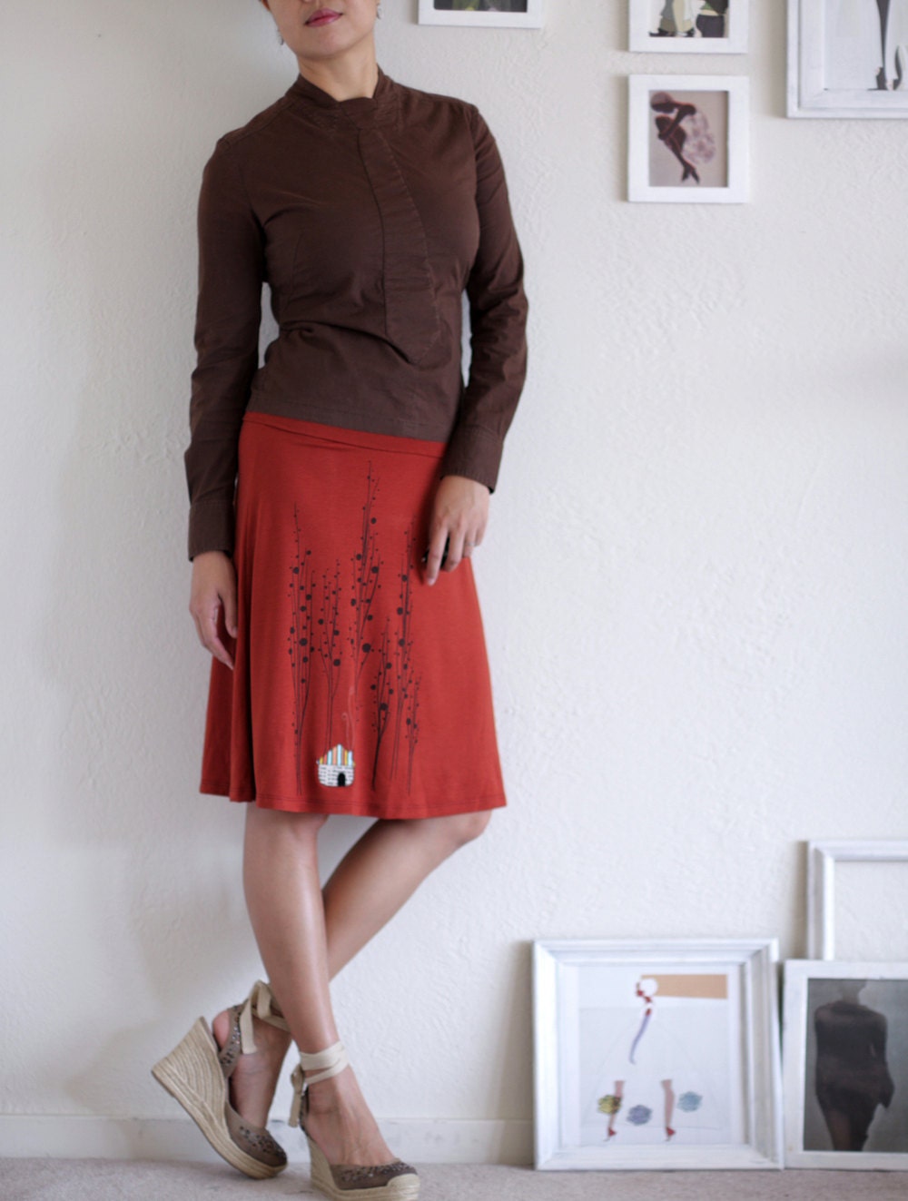 Handmade Burnt Orange A-line Appliqué Adjustable Waistband Plus Size skirt- Surrounded by big trees - size XL