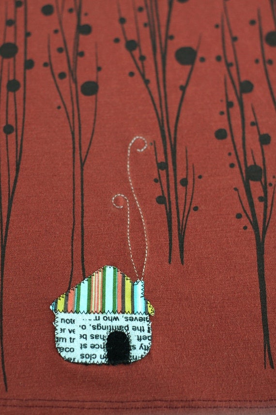 Handmade Burnt Orange A-line Appliqué Adjustable Waistband Plus Size skirt- Surrounded by big trees - size XL